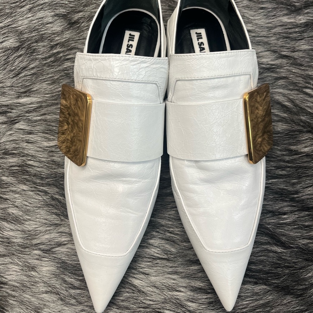 Jil Sander pointy toe white leather loafers size 39.5
